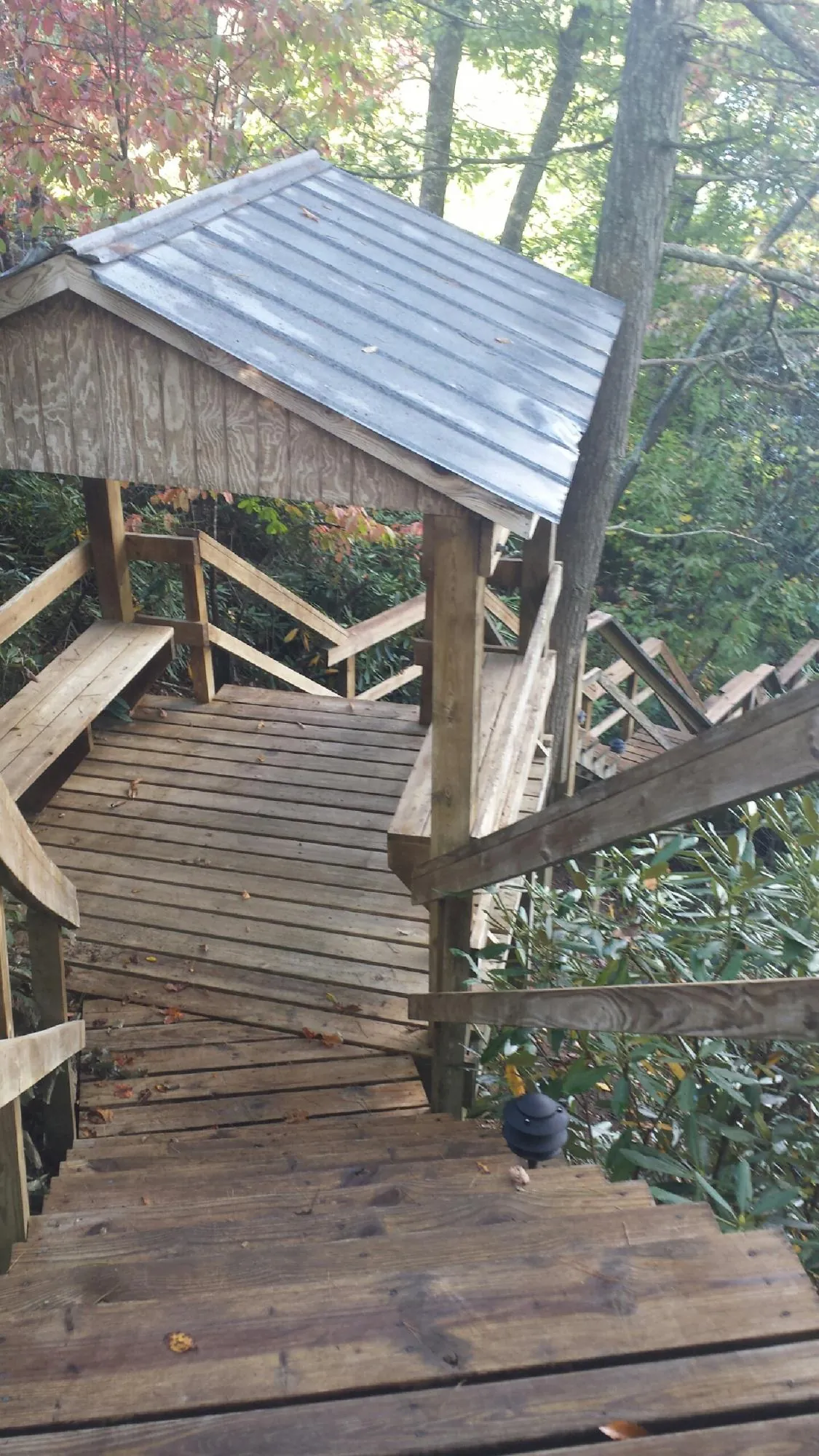 Metal roofed shelter over wooden steps on a wooded walkway — Skylight Repair & Installation work by our crew in Auburndale